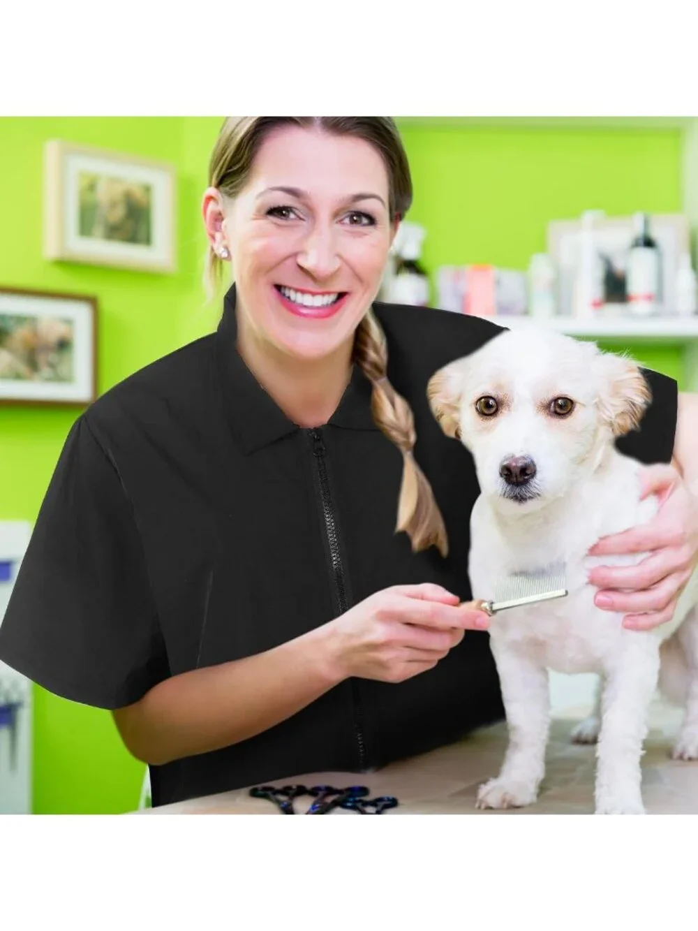 2 Pack Black Pet Groomer Smocks - Water Resistant, Anti-Static, Full Zipper